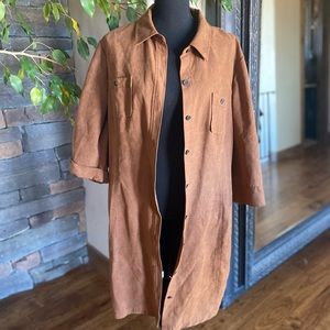CHICO’S faux suede brown button up shirt sleeve jacket
